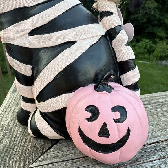 NEW Black Mummy Cat Pink Pumpkin Witch Hat Decor Halloween Pinkoween 12.5" - Picture 3 of 4